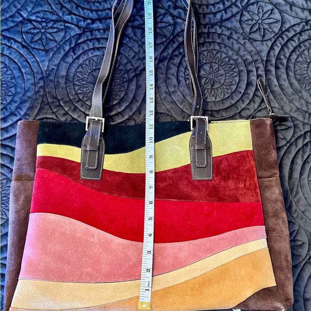 Vintage Pamela McCoy Wavy Color Block Genuine Suede Tote - Picture 10 of 13